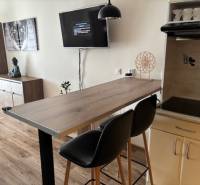 Exkluzívny investičný apartmán/byt  na predaj v srdci Donovál  - Jedálenský pult v 1-izbovom byte s podlahou s dreveným dekorom a moderným nábytkom.