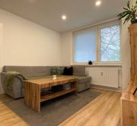 KOMPLETNE prerobený 4i byt s balkónom, 77m2 - ZÁTVOR - Obývacia izba v 4-izbovom byte s podlahou s dreveným dekorom a pohodlnou sedačkou.