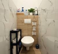 KOMPLETNE prerobený 4i byt s balkónom, 77m2 - ZÁTVOR - Kúpeľňa so závesným WC, dreveným dekorom a úložným regálom v 4-izbovom byte.