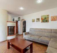 Predaj priestranného rodinného domu v historickej časti Popradu  - Obývačka rodinného domu s krbom, pohovkou a umeleckými obrazmi na stene.