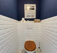 PREDAJ, 3 izb. byt v novostavbe PANORÁMA, 5 min. od AUPARKU - Toaleta s tmavomodrými stenami, bielymi obkladmi a dekoratívnymi dlaždicami, Borievkova ulica, 3-izbový byt.