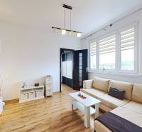 REZERVOVANÉ !!!  EXKLUZÍVNE: Štýlový 2,5-izbový byt s panoramatickým v - Obývačka v 3-izbovom byte s podlahou s dreveným dekorom a pohodlnou sivou sedačkou.