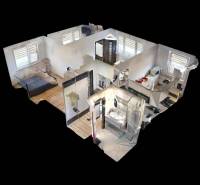 REZERVOVANÉ !!!  EXKLUZÍVNE: Štýlový 2,5-izbový byt s panoramatickým v - 3D pôdorys 3-izbového bytu s podlahou s dreveným dekorom a zariadením.
