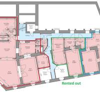 Na prenájom nebytový priestor o výmere 59 m², Bratislava, Štúrova - Pôdorys obchodných priestorov s časťami na prenájom a technickými miestnosťami.