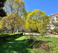 Na prenájom 2 izbový byt, Bratislava, Staré Mesto, Wilsonova ulica - Park v Bratislave - Starom Meste na Wilsonovej ulici s kovovými sochami na trávniku.