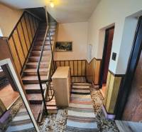 RODINNÝ DOM - HORNÉ OZOROVCE-POZEMOK 566 m2- 3,5 IZBOVÝ/ GARÁŽ - Schodisko s dreveným zábradlím, koberec a dekoratívne obloženie stien v rodinnom dome.