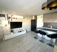 Prenájom pekný 2 izbový byt Šancová ulica, Bratislava III. Nové Mesto - Kuchyňa v 2-izbovom byte s televízorom, podlahou s dreveným dekorom a barovým pultom.