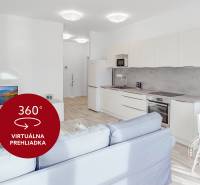 2-izb. byt, NOVOSTAVBA, Internet, Balkón, Jarabinková ul. - Obývačka s kuchyňou, podlaha s dreveným dekorom, biela kuchynská linka, 2-izbový byt.