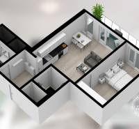 2-izb. byt, NOVOSTAVBA, Internet, Balkón, Jarabinková ul. - 3D pôdorys 2-izbového bytu s kuchyňou, obývačkou, spálňou a podlahou s dreveným dekorom.