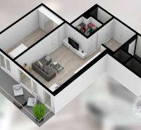 2-izb. byt, NOVOSTAVBA, Internet, Balkón, Jarabinková ul. - 3D pôdorys 2-izbového bytu s obývačkou, spálňou a balkónom, podlaha s dreveným dekorom.