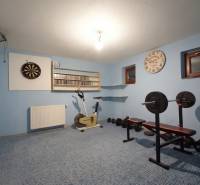 Rodinný dom s veľkým pozemkom a priestorom na podnikanie – T.Jastrabie - Posilňovňa v rodinnom dome s činkami, rotopedom a šípkami na modrej stene.