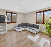 Rodinný dom s veľkým pozemkom a priestorom na podnikanie – T.Jastrabie - Obývacia izba s pohodlnou sedačkou, vitrínou a podlahou s dreveným dekorom v rodinnom dome.