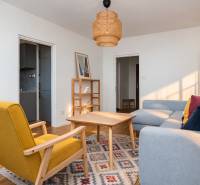 NA PREDAJ-3-izbový byt s loggiou a výhľadom na centrum mesta, KE-JUH - Obývacia izba v 3-izbovom byte s dreveným dekorom, sivou sedačkou a žltým kreslom.