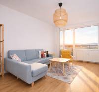 NA PREDAJ-3-izbový byt s loggiou a výhľadom na centrum mesta, KE-JUH - Obývacia izba 3-izbového bytu s pohovkou, kreslom a podlahou s dreveným dekorom.