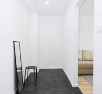 NA PREDAJ,2-IZBOVÝ TEHLOVÝ BYT,KOŠICE-SEVER,LOMNICKÁ UL. - Úzka chodba v 2-izbovom byte s čiernou podlahou a zrkadlom.