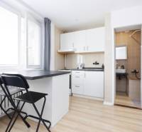 NA PREDAJ,2-IZBOVÝ TEHLOVÝ BYT,KOŠICE-SEVER,LOMNICKÁ UL. - Kuchyňa v 2-izbovom byte s barovým pultom a podlahou s dreveným dekorom.