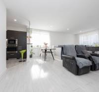 NOVOSTAVBA BUNGALOVU S MNOŽSTVOM PRIESTORU, v slepej ulici, Pružina - Interiér rodinného domu s podlahou s dreveným dekorom, kuchynským kútom a relaxačnými kreslami.