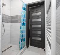 NOVOSTAVBA BUNGALOVU S MNOŽSTVOM PRIESTORU, v slepej ulici, Pružina - Kúpeľňa v rodinnom dome s farebným sprchovým závesom a tmavými dverami.