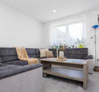 NOVOSTAVBA BUNGALOVU S MNOŽSTVOM PRIESTORU, v slepej ulici, Pružina - Obývačka v rodinnom dome s tmavou pohovkou a dreveným stolom.