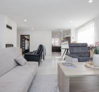 NOVOSTAVBA BUNGALOVU S MNOŽSTVOM PRIESTORU, v slepej ulici, Pružina - Obývacia izba rodinného domu s pohodlnými pohovkami a štýlovým dreveným dekorom na podlahe.