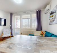 Pekný 2-izbový byt s lodžiou | investičná príležitosť | - Obývacia izba s televízorom, gaučom a podlahou s dreveným dekorom v 2-izbovom byte.