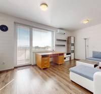 | Priestranný 2,5-izb. byt s walk-in šatníkom | parkovanie | - Obývacia izba v 2-izbovom byte s podlahou s dreveným dekorom a balkónom.
