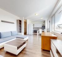 | Priestranný 2,5-izb. byt s walk-in šatníkom | parkovanie | - Obývacia izba s podlahou s dreveným dekorom a kuchynským kútom v 2-izbovom byte.