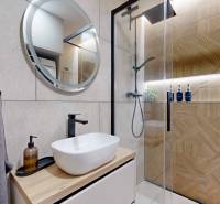 PREDAJ, 3 izbový dizajnový byt na Lidickom námestí, Košice - Furča - Kúpeľňa s umývadlom a sprchou, dekor dreva, 3-izbový byt.