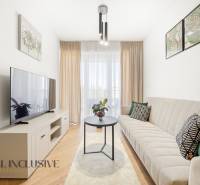 Na prenájom 2-izb. byt s terasou, Dun. Streda -Florida - Obývacia izba v 4-izbovom byte s podlahou s dreveným dekorom, svetlým nábytkom a pohovkou.