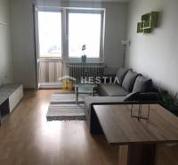 NOVINKA Prenájom 2 izbového bytu na Robotníckej ulici, voľný od 01.05. - Obývacia izba v 2-izbovom byte s podlahou s dreveným dekorom a pohovkou.