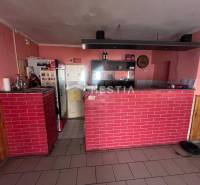 Na predaj rodinný dom, gastro prevádzka – Senica, Robotnícka ulica - Gastro priestory s tehlovým barom, podlaha s dreveným dekorom, steny s ružovým náterom.