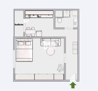 REZERVOVANÉ_Zariadený 1 izb. byt s balkónom - Nitra, Klokočina - Pôdorys 1-izbového bytu s balkónom, kúpeľňou a kuchyňou.