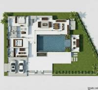 ŠTÝLOVÁ BOHO VILA S PRÉMIOVÝM DIZAJNOM – PATTAYA - Pôdorys Vily v Pattayi s bazénom, záhradou, terasou a dvojgarážou.