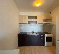 Prenájom 1 izbový byt v Galante, Hodská - Kuchynský kút v 1-izbovom byte s podlahou s dreveným dekorom a plynovým sporákom.