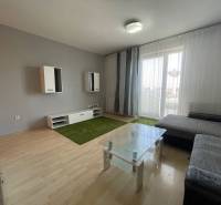 Prenájom 1 izbový byt v Galante, Hodská - Obývacia izba v 1-izbovom byte s podlahou s dreveným dekorom, pohovkou a sklom stolíkom.