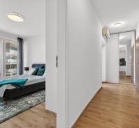 Predaj 2-izbový byt GREEN VILLAGE, 51m2, loggia, Dunajská Lužná - Spálňa s veľkým oknom a chodba s podlahou s dreveným dekorom v 2-izbovom byte.