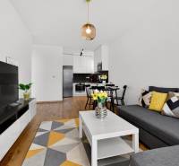 Predaj 2-izbový byt GREEN VILLAGE, 51m2, loggia, Dunajská Lužná - Obývacia izba v 2-izbovom byte s pohovkou, stolíkom a podlahou s dreveným dekorom.