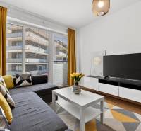 Predaj 2-izbový byt GREEN VILLAGE, 51m2, loggia, Dunajská Lužná - Dvojizbový byt s veľkými oknami, pohovkou, televízorom, žltými závesmi a podlahou s dreveným dekorom.