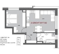 Predaj 2-izbový byt GREEN VILLAGE,44m2, loggia, Dunajská Lužná - Pôdorys 2-izbového bytu s kuchyňou a kúpeľňou, svetlé rozvrhnutie miestností.
