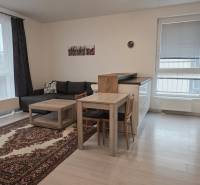 PRENÁJOM - 3 izbový byt v novostavbe - Nitra, blízko centra - Obývačka s kobercovým dekorom a kuchynským stolom v 3-izbovom byte s podlahou s dreveným dekorom.