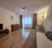 PRENÁJOM - Priestranný 3 izbový byt - Nitra, Centrum - Obývacia izba v 3-izbovom byte s podlahou s dreveným dekorom a pohodlným nábytkom.