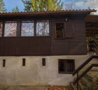 Chata na Domaši, Holčíkovce, Poľany-Monika - Drevená chata na rekreačných pozemkoch v Holčíkovciach obklopená zeleňou a stromami.