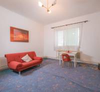 Na predaj rodinný dom Trnava, Zelenečská ulica, pozemok 1085 m2 - Obývacia izba v rodinnom dome s červenou pohovkou a stolom so stoličkou.