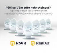 EXKLUZÍVNE! | Krásny 2-izbový byt | 52m² | Považanova - Ocenenia realitnej kancelárie RADO Reality Group s logom RentHub, text inzeruje služby.