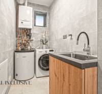 ALL INCLUSIVE I  4- IZBOVÝ RD SMART HOME NOVOSTAVBA- MOSTOVÁ (GA) - Práčovňa v rodinnom dome s práčkou, zásobníkom a umývadlom na podlahe s dreveným dekorom.