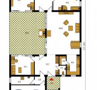 Na predaj výnimočný átriový rodinný dom s dvojgarážou v obci Dolná Seč - Pôdorys jednopodlažného rodinného domu s garážou a priestrannou obývacou izbou.