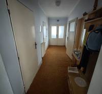 Rodinný dom Martin - Valča - Chodba v rodinnom dome s hnedým kobercom a bielymi dverami.