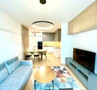 Bory:Na prenájom úplne nový, elegantný 2i byt/eng.text inside - Obývacia izba s pohovkou, jedálenským stolom a TV, podlaha s dreveným dekorom, 2-izbový byt.