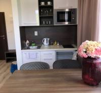 Na predaj štyri apartmány na jednom poschodí Podhájská - Kuchyňa v 2-izbovom byte s bielymi skrinkami a mikrovlnnou rúrou.