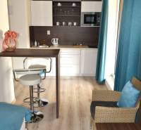 Na predaj štyri apartmány na jednom poschodí Podhájská - Kuchyňa v 2-izbovom byte s barovým pultom a podlahou s dreveným dekorom.